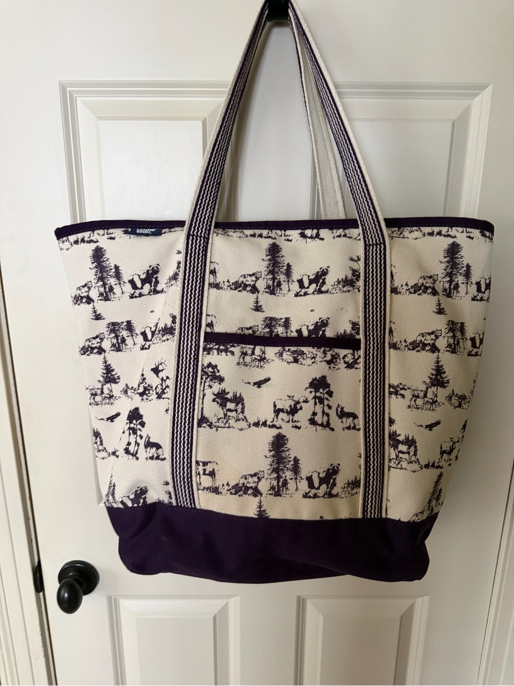 Lands End Canvas Animal Print Tote Bag in Cream and Dark Purple